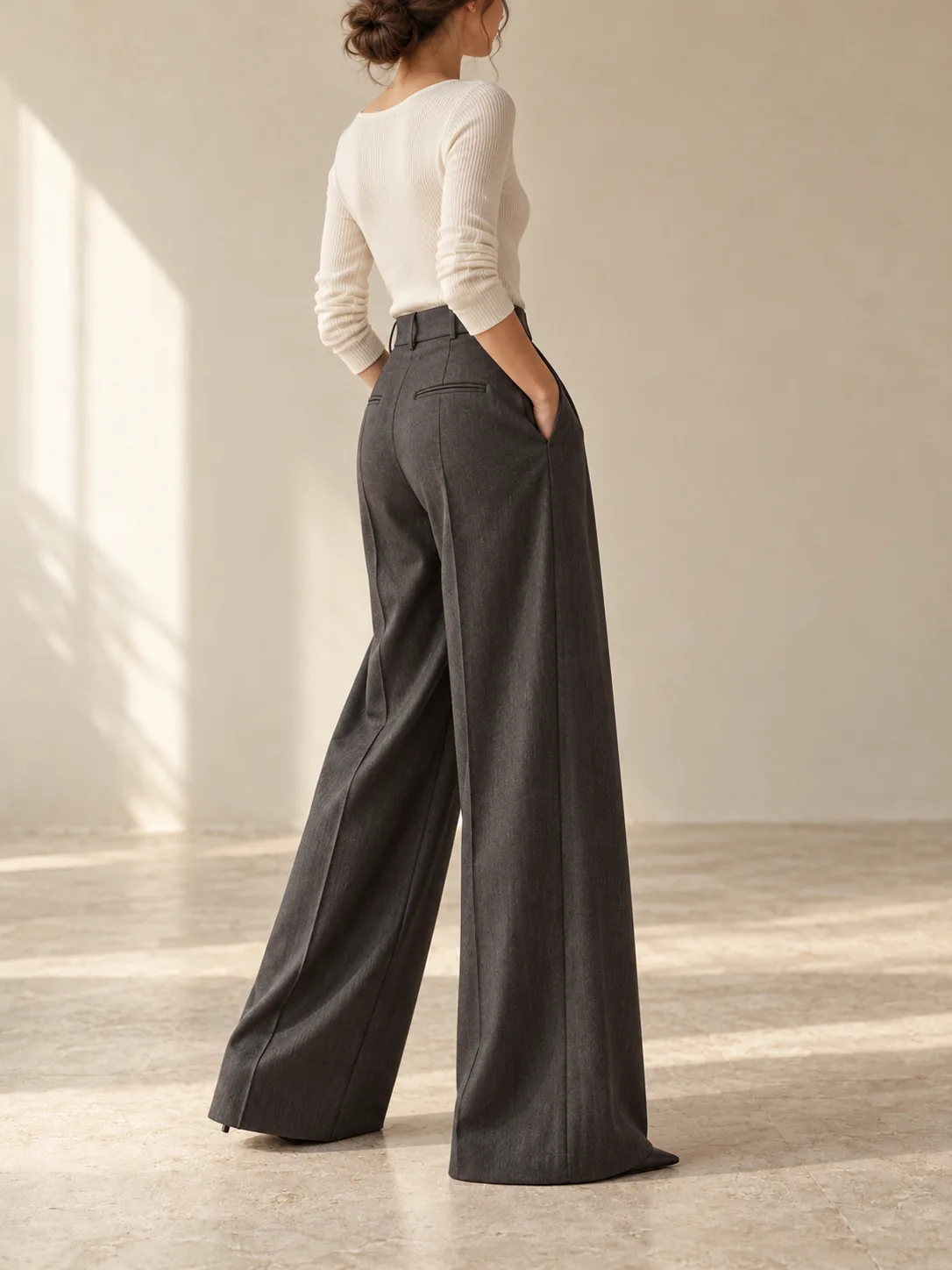 Ivory top and charcoal wide-leg trousers concept look