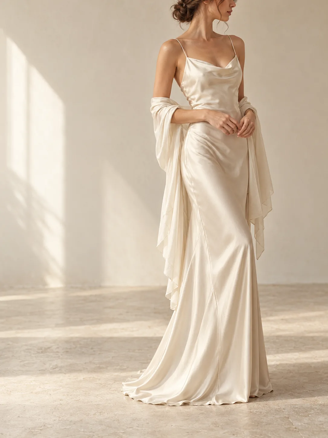 Ivory satin floor-length dress in an editorial studio setting