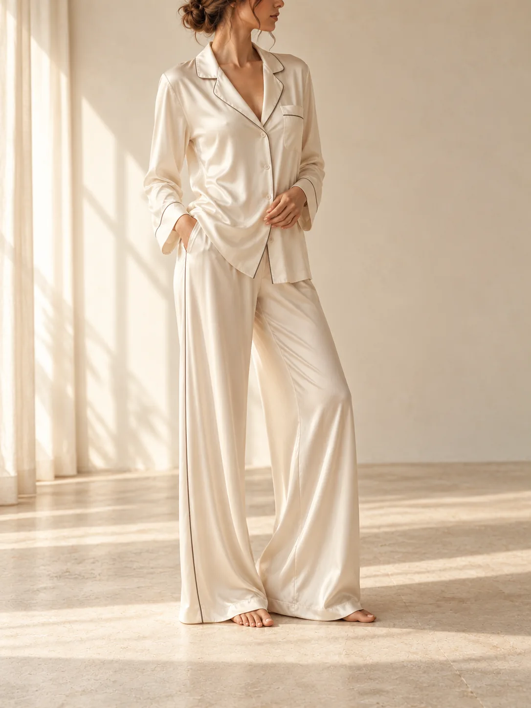 Ivory lounge set with relaxed wide-leg trousers