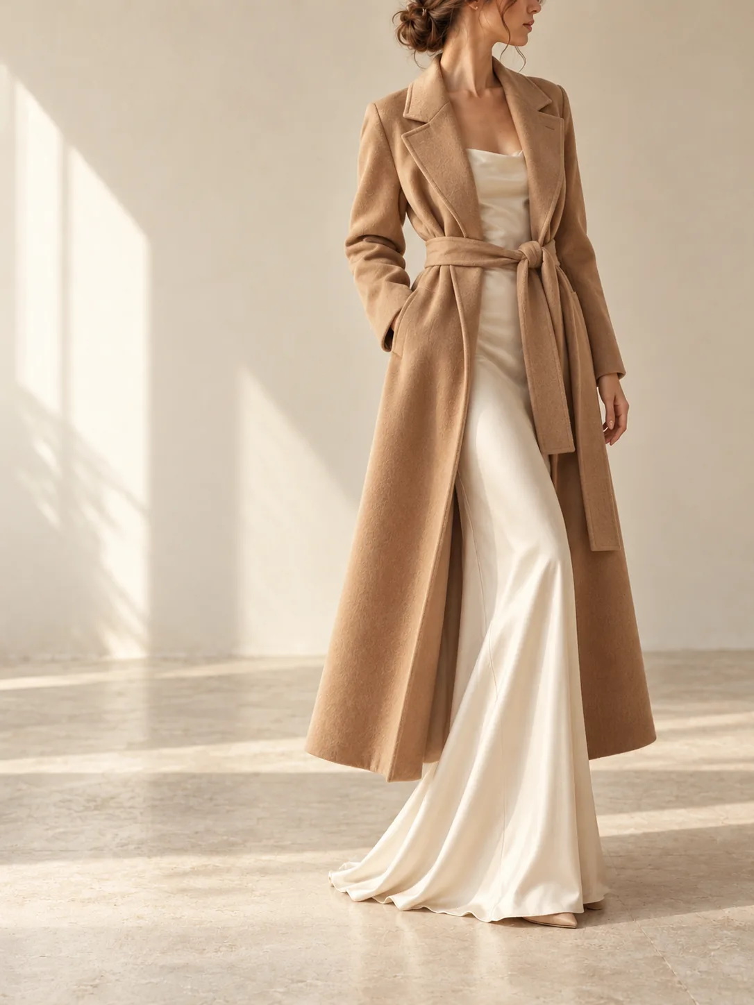 Camel trench coat over an ivory dress concept look