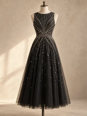 Black sleeveless gown with radiating silver beadwork on a dress form