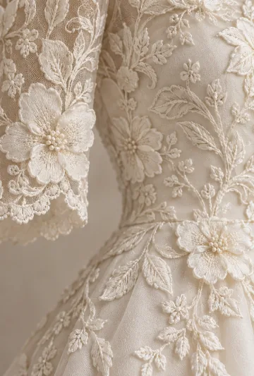 Close-up of ivory floral embroidery and dimensional lace petals
