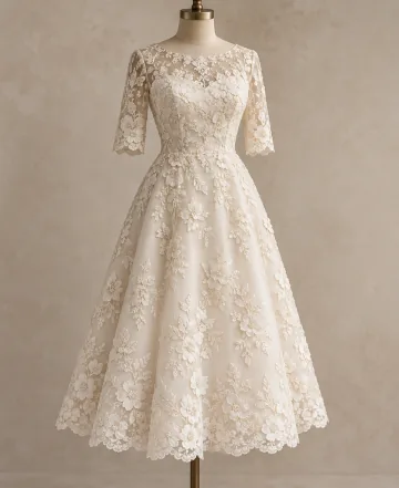 Ivory floral lace dress with sheer sleeves on a dress form