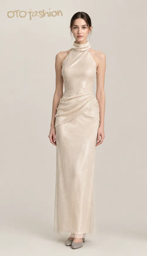 Champagne Halter Evening Dress