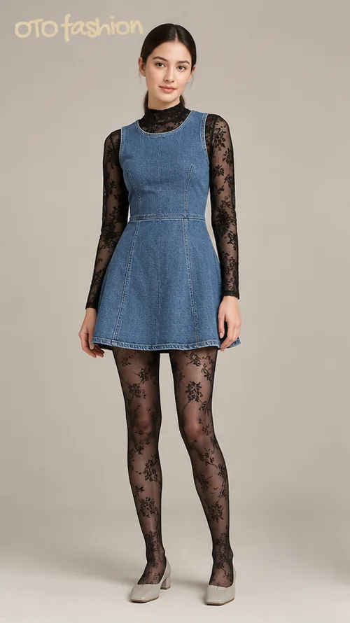 Blue Denim-Look Lace Mini Dress