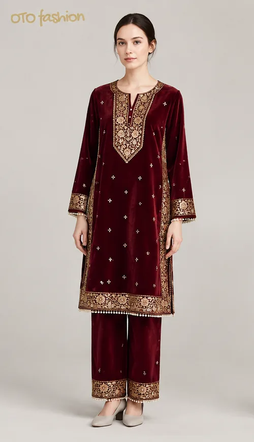 Burgundy Embroidered Kurta Set