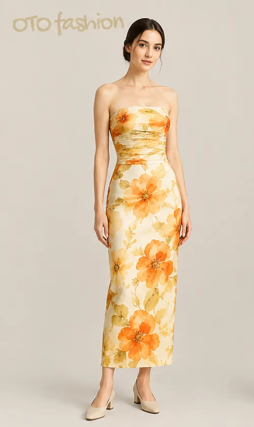 Cream Orange Floral Midi Dress