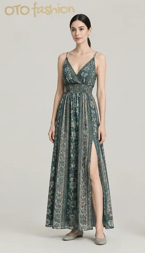 Teal Floral Slit Maxi Dress