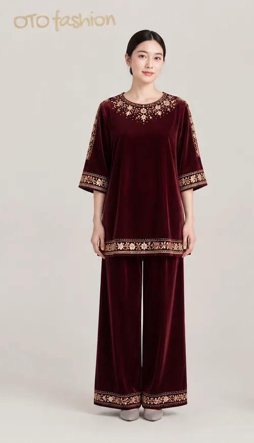 Burgundy Embroidered Wide-Leg Set
